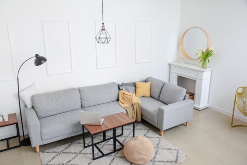 Interior,Of,Modern,Room,With,Comfortable,Sofa,And,Fireplace